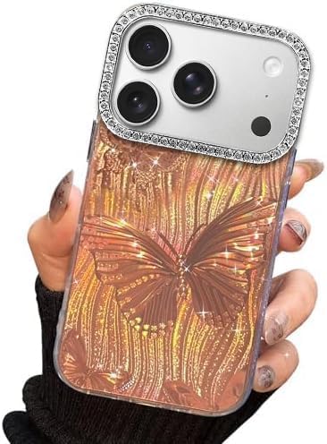 Compact Case for iPhone 17 Pro Butterfly Design,3D Diamond Camera Lens Protection Frame,Cute Soft Slim TPU Shockproof Protective Phone Cases Cover for Women Girls Aesthetic Gold