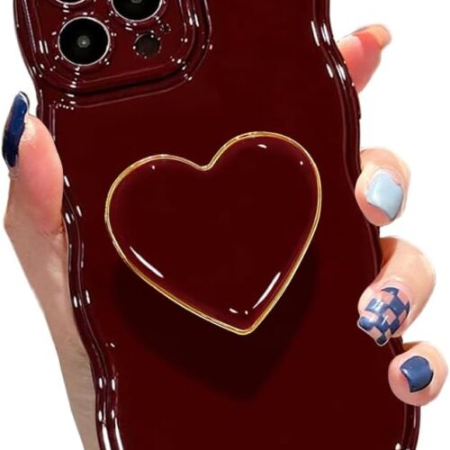 Cute Case for iPhone 14 Pro Max 6.7'', Wine Red Soft TPU Shape Shockproof Protective Cover with Stand, Luxury Bumper Wave Frame Curly Shape Love Heart Holder Kickstand Phone Case for Girls Women