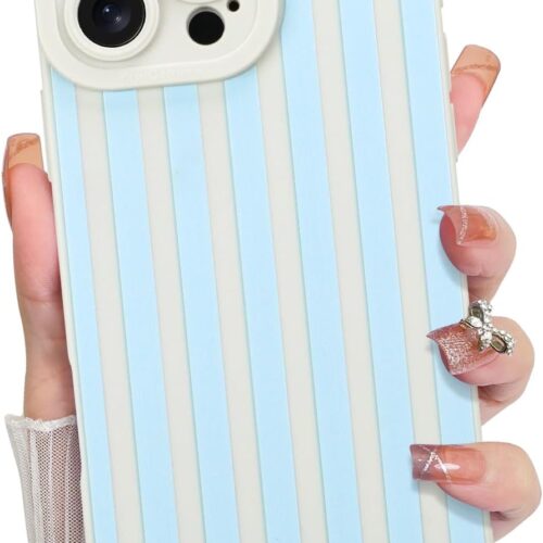 Compatible with iPhone 16 Pro Max Case, Silicone Stripes Cute Pattern, Camera Protection Soft Slim Phone Case for Phone Case -Light Blue