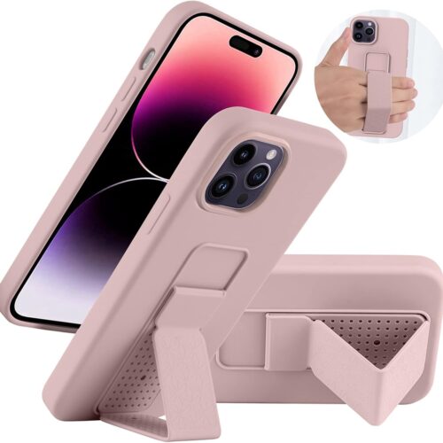 Silicone Kickstand Case Compatible with iPhone 14 Pro, Vertical and Horizontal Stand Hand Strap Metal Kickstand Cover, Flexible Soft Liquid Silicone Stand Case for iPhone 14 Pro (Pink)