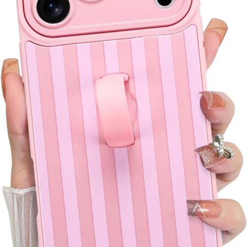 Compatible with iPhone 17 Pro Max Case , Silicone Stripes Cute Pattern, Wristband Kickstand Camera Protection Soft Slim Cover for Girls Women -Pink