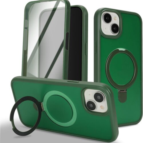 for iPhone 15 Case with Magnetic Ring Stand and Built-in Screen Protector,360 Full Body case with ,for Apple iPhone 15 Protective Phone Cases for Men Women Gril-Dark Green