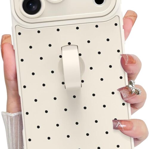 Compatible with iPhone 17 Pro Case , Silicone Spot Cute Pattern, Wristband Kickstand Camera Protection Soft Slim Cover for Girls Women -White