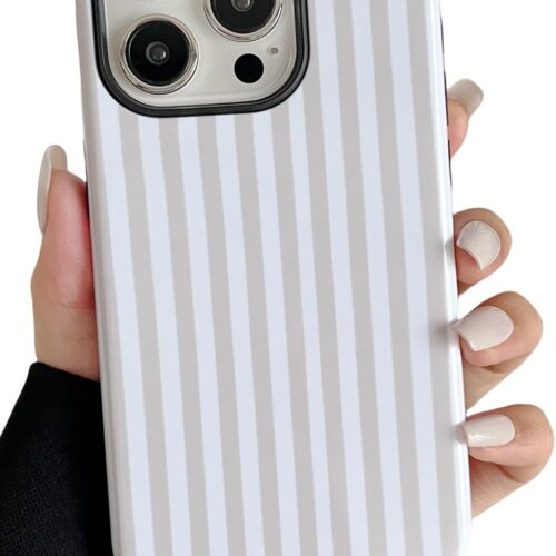 Compatible with iPhone 15 Pro Max Case Cute Aesthetic Striped Phone Case for Women Girl Shockproof Slim TPU and Hard PC Protective Cover (Antique White)