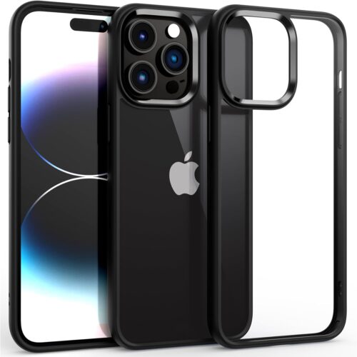 Shockproof Clear Case for iPhone 14 Pro Max, [Not Yellowing] [10FT Military Drop Protection] Hard Clear Back Four Corner Airbags Drop Protection Phone Cover, 6.7 inch, Black