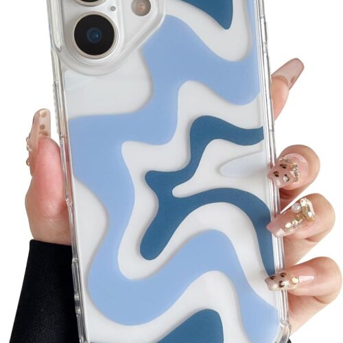 Compatible with iPhone 17 Case, Cute Art Wavy Painted for Women Girls, Soft TPU Edge PC Back Protective Shockproof Phone Case Compatible with iPhone 17 6.3", Blue