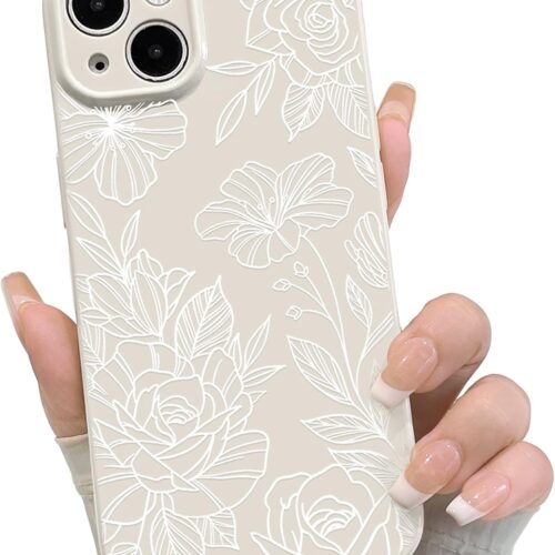 Compatible with iPhone 14 Plus Case Cute Aesthetic Floral Flower Rose Line Pattern for Women Girl Trendy Slim Fit TPU Silicone Shockproof Full Camera Protection Cover - White