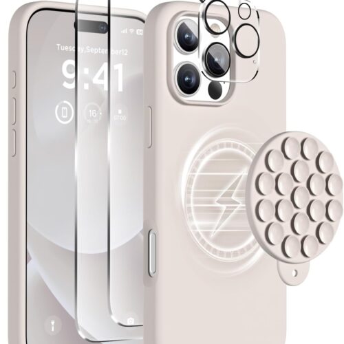 Magnetic for iPhone 16 Pro Max Case, Compatible with , Suction Cup Phone Mount, [2 Screen Protectors][Camera Protector] Silicone Shockproof Protective Phone Cover 6.9", Stone