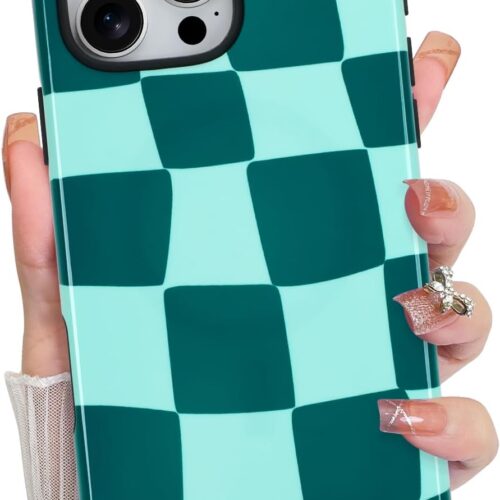 Compatible with iPhone 16 Pro Max Case, Aesthetic Checkered Cute Pattern, Support for  Shockproof Cover for Girls Women -Green