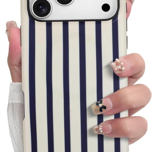 Magnetic Vertical Stripes Phone Case for iPhone 17 Pro, Cute Navy Blue Striped Line Pattern Compatible with  Matte Protective Case Cover with Screen Protector for Girls Women