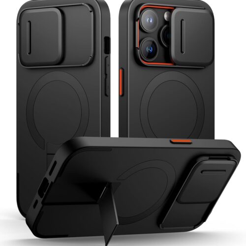 for iPhone 14 Pro Case with Magnetic Camera Slide Cover and Adjustable Kickstand, Compatible with , Shockproof Bumper Case Slim Protective Cover for iPhone 14 Pro 6.1 Inch, Black