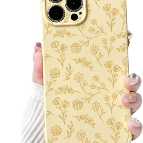 Compatible with iPhone 14 Pro Case Cute for Women Girl Vintage Flower Floral Leaves Pattern Trendy Slim Fit TPU Silicone Shockproof Girly Fashion Protective Phone - Yellow