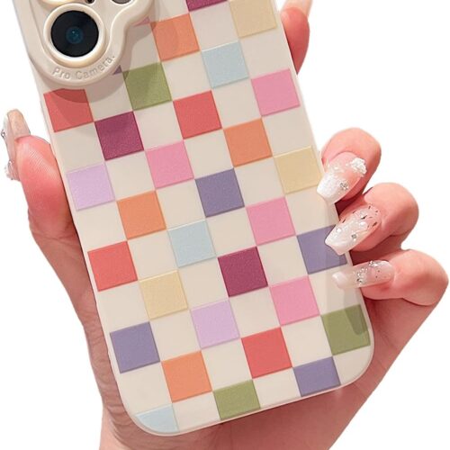 Compatible with iPhone 16 Case Cute Checkered Pattern Design for Girls Women, Soft Silicone Shockproof Protective Designed for iPhone 16 Case-Colorful