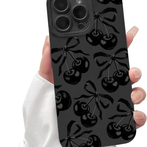 Compatible for iPhone 14 Pro Max Case Cute Aesthetic Ribbon Bowknot with Black Design for Girls Women Soft TPU Shockproof Protective Girly for iPhone 14 Pro Max Case-Cherry Bow
