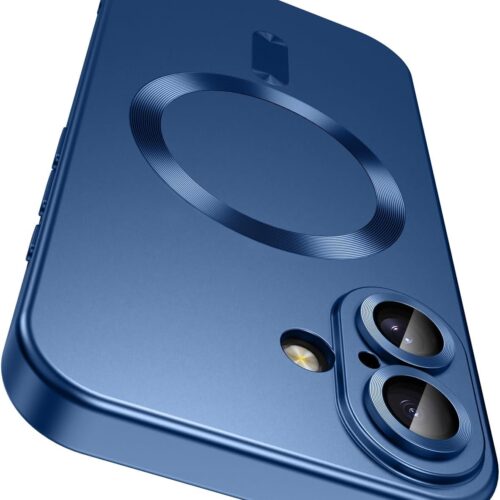 Magnetic for iPhone 16 Plus Case [Compatible with ][Built-in Camera Lens Protector] Slim Soft Silicone Bumper Shockproof Metallic Luster Phone Case (Blue)