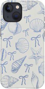 Case for iPhone 14,Seashell Cute Blue Bow Aesthetic Phone Case,Trendy Frosted Silicone Shockproof Cover for Girl Women