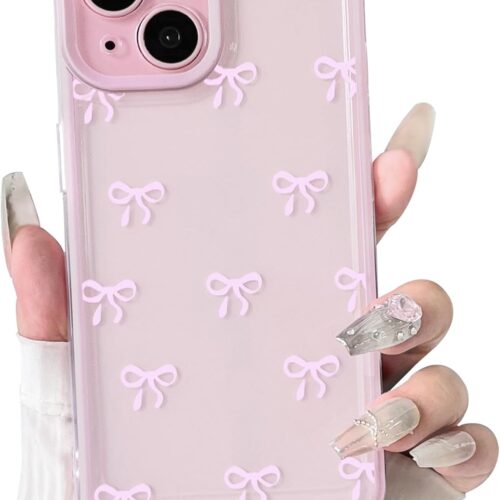 Compatible with iPhone 15 Plus Case Cute Clear Durable Ribbon Bowknot Pattern for Girls Women Soft TPU Transparent Full Camera Lens Shockproof Protective Phone Cover - Pink