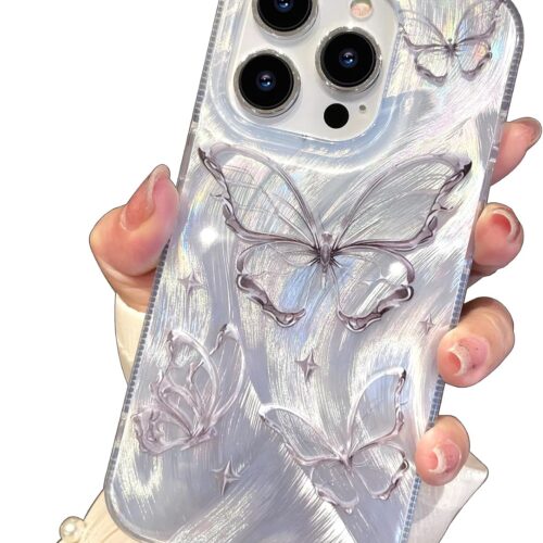Compact Case for iPhone 15 Pro Max Shiny Silver Butterfly Design,Cute Trendy Soft Slim TPU Shockproof Protective Phone Cases Cover for Women Girls Aesthetic Glitter