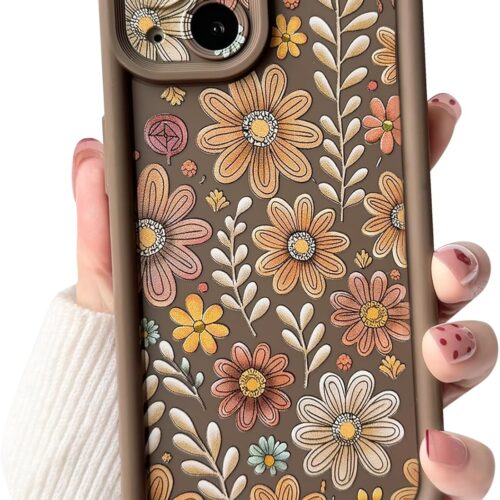 Compatible for iPhone 14 Plus Case Aesthetic Cute Color Flower Floral Leaf Design for Girls Women Soft TPU Shockproof More Protective Girly for iPhone 14 Plus Case-Brown