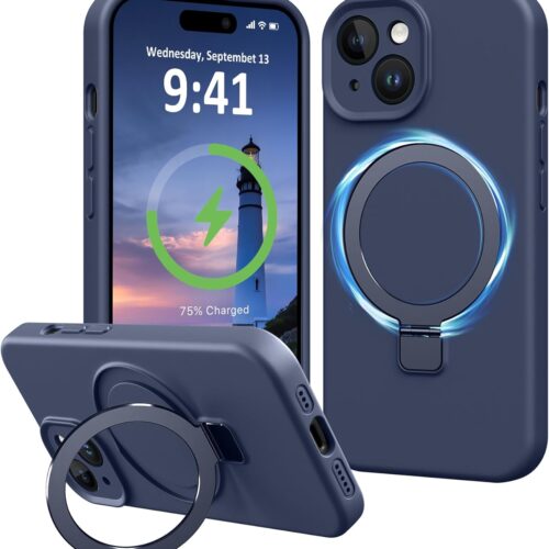 Compatible with iPhone 15 Case with Stand, Slim Premium Liquid Silicone Phone Cases for iPhone 15 6.1" Compatible with  Magnetic Ring Kickstand Case Full Camera Protection, Dark Blue