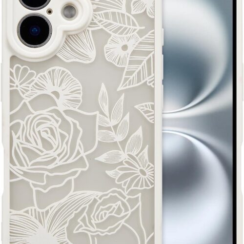for iPhone 16 Plus Case, Floral Rose Cute Phone Case for Women Girls Aesthetic Pattern Print Slim TPU Bumper Shockproof Protective Cover for iPhone 16 Plus 6.7 Inch, White