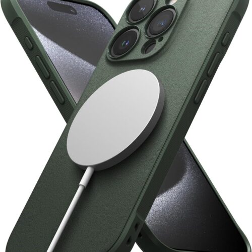 iPhone 15 Pro phone case, [compatible] oil and stain resistant, with independent lens cover, anti-slip for enhanced grip, lightweight design - magnetic dark green.