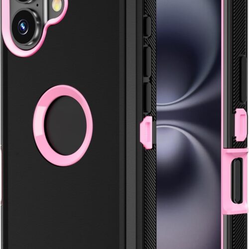 for iPhone 16 Plus Case Heavy Duty Strong Shockproof Port Protection Dustproof Screenless Dual Layer Bumper Protective Cover Rugged Phone Case for iPhone 16 Plus 6.7'' Men Women Black-Pink