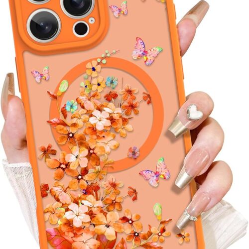 Magnetic Case for 16 Pro Max [Compatible with ] Cute Orange Watercolor Floral Butterfly Pattern Phone Case for Women Gilrs Soft TPU and PC Back Protective Slim Phone Cover