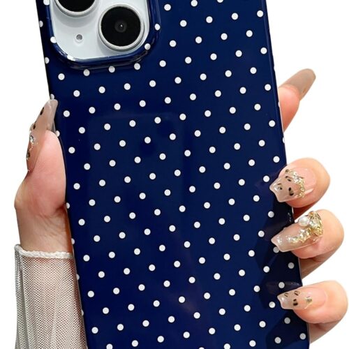 for iPhone 15 Case Polka Dot Phone Cases Aesthetic Design Trendy Simple Case Slim Shockproof Protective Cover Navy Blue