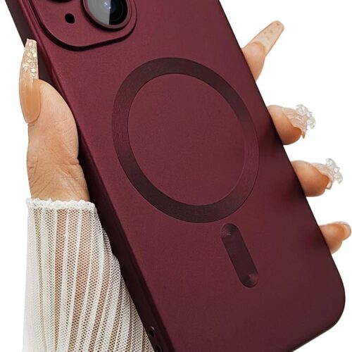 Magnetic Case for iPhone 14 Plus Phone Case for Women, Shockproof Matte Luxury Soft Metallic Luster Design with Camera Lens Protector, Compatible with  for iPhone 14 Plus 6.7"-Wine Red | for Women, Shockproof, Matte, Luxury, Soft
