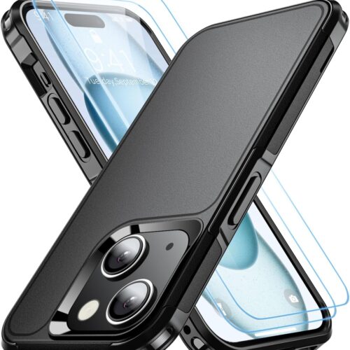 Shockproof for iPhone 15 Case,[15 FT Military Grade Drop Protection],with 2X [Tempered Glass Screen Protector ] with Air Bumpers Full-Body Protective Phone Case, Mysterious Black
