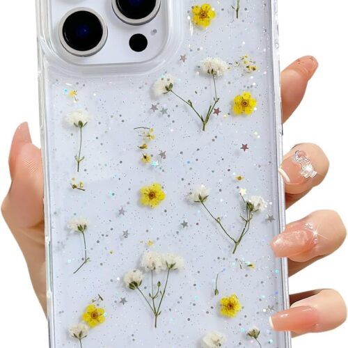 for iPhone 16 Pro Clear Case with Pressed Real Flowers Design,Glitter Cute Yellow Floral Pattern Slim Soft TPU Protective Women Girl's Phone Cover for iPhone 16 Pro
