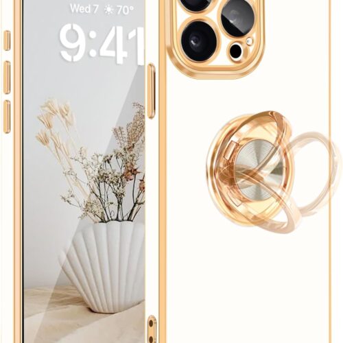 for iPhone 15 Pro Case[with 360°Rotatable Ring Holder Stand][Support Magnetic Car Mount][Shiny Plating Gold] Slim Thin Soft TPU Shockproof Protective Case for iPhone 15 Pro for Women Men,White