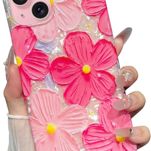 for iPhone 15 Plus Case Flowers Women Girly Aesthetic Sparkle Translucent Cute Floral With Phone Strap Charms Wristlet Oil Painting Shockproof Protective Phone Cases for iPhone 15 Plus Hot Pink