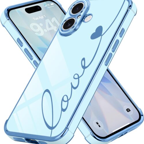 Compatible with iPhone 17 Case for Women Girls, Cute Luxury Plating Love Heart Design Soft TPU Cover Shockproof Full Camera Lens Protection Phone Case for iPhone 17, Blue