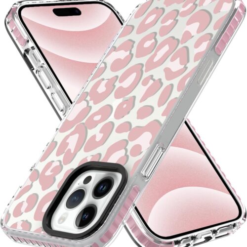 Clear Case for iPhone 16 Pro Max Phone Case Pink Leopard Design Shockproof Soft TPU Bumper Protective for Women Girls Girly Cute Cover