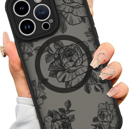 Case for iPhone 14 Pro [Compatible with ] Black Flower Floral Pattern Design for Women Girls Soft TPU Bumper Hard PC Back Anti-Fall Shockproof Protective Slim Magnetic Cover