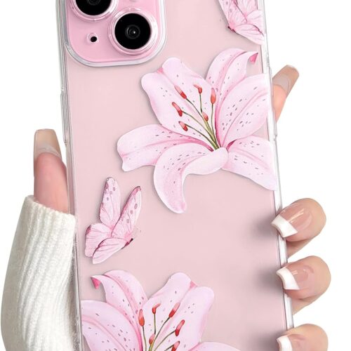 Compatible with iPhone 15 Case Clear Cute Butterfly Lily Flower Floral Pattern for Women Girls Full Camera Lens Clear Slim Shockproof Protective Phone Cover - Pink