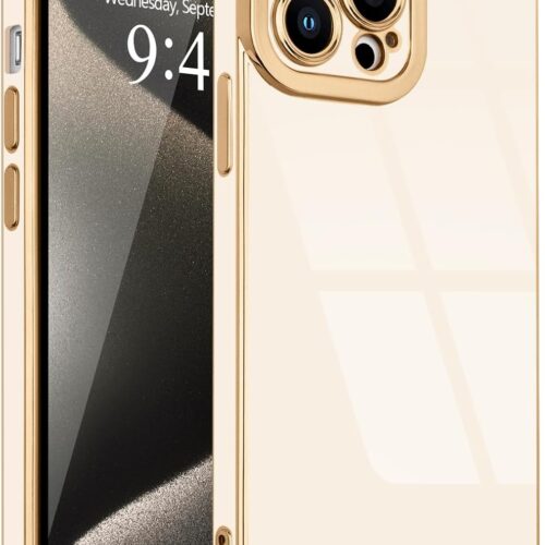 Designed for iPhone 15 Pro Case Cute, Luxury Plating for Women Girls Elegant Gold Edge TPU Bumper Cover with Camera Protection Shockproof Silicone Phone Case for iPhone 15 Pro, White