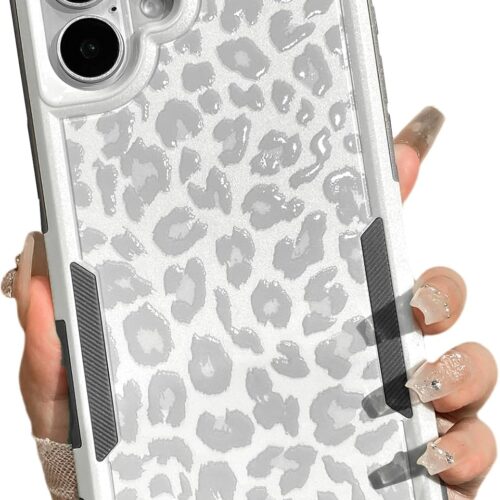 Case for iPhone 16 Plus White Cheetah Light Gray | Leopard Pattern, Heavy Duty, Tough Rugged, Full Body Protection, Shockproof, Protective, Women Girls Case