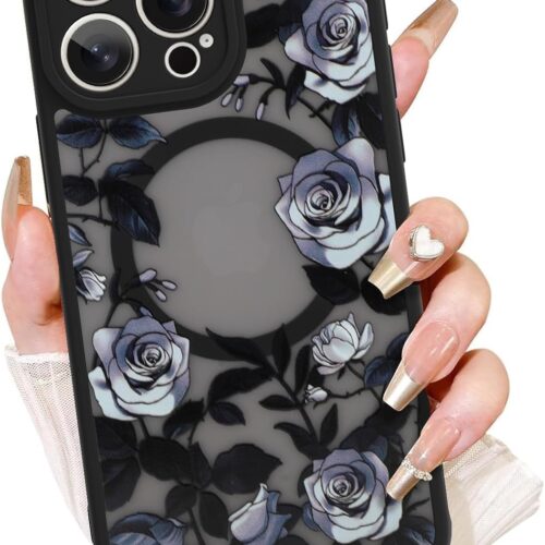 for iPhone 16 Pro Max Case, Compatible with , Cute Rose Flower Pattern with Semi-Transparent Frosted Phone Case for Woman Gilrs Soft TPU and PC Back Protective Slim Phone Cover Black