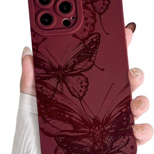Compatible with iPhone 14 Pro Max Case Cute Aesthetic Butterfly Pattern for Women Girls Soft TPU Shockproof Stylish Full Camera Protective Phone Cover - Wine Red