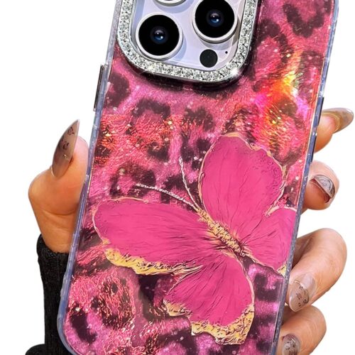Compact Case for iPhone 15 Pro Max Butterfly Design,3D Diamond Camera Lens Protection Frame,Cute Soft Slim TPU Shockproof Protective Phone Cases Cover for Women Leopard Print Burgundy