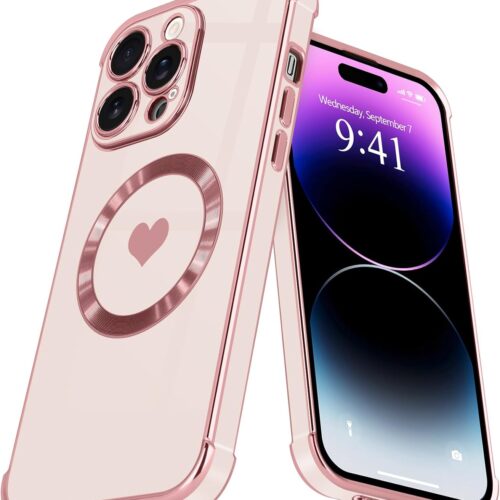 Magnetic Case for iPhone 14 Pro Max Women Girls Luxury Plating Cute Love Heart Soft Back Cover Full Camera Lens Protection Compabtible with  for iPhone 14 Pro Max Case Pink