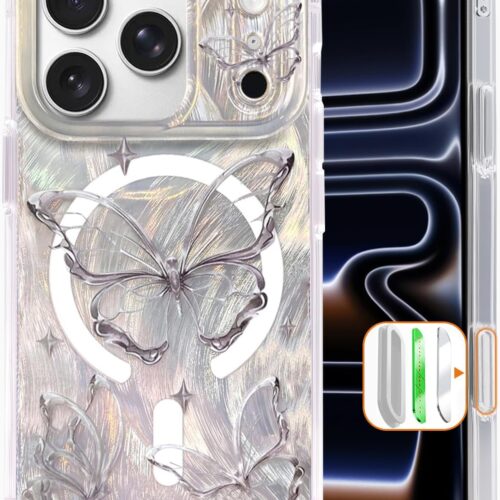 Compact Case for for iPhone 17 Pro Case Cute Silver Butterfly Design, Camera Control, Compatible with , Shockproof Military-Grade Protection, Magnetic Phone Case for Aesthetic