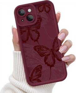 for iPhone 14 Case, Creative Butterfly Pattern Design for Girl Women, Soft Silicone Shockproof Anti-Scratch Protection Phone Cover for iPhone 14 (Burgundy Red Butterfly)
