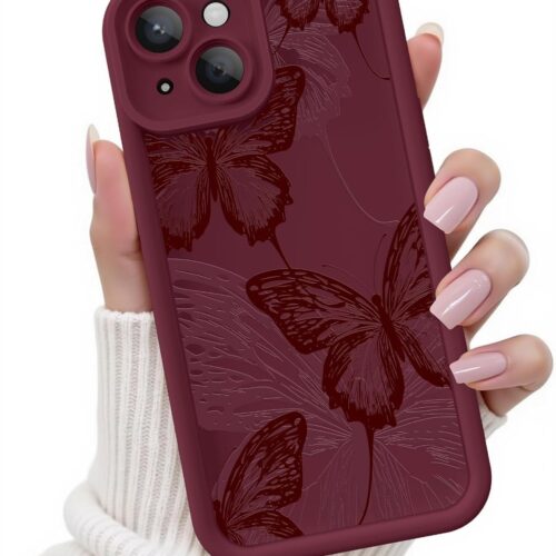 for iPhone 14 Case, Creative Butterfly Pattern Design for Girl Women, Soft Silicone Shockproof Anti-Scratch Protection Phone Cover for iPhone 14 (Burgundy Red Butterfly)