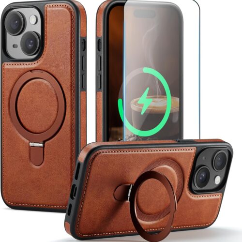 Compatible with iPhone 15 Plus Case with Stand, Compatible with , Slim PU Leather & Durable TPU Plustective Cover Drop-Plusof with Tempered Glass Screen Plustector 6.7", Brown