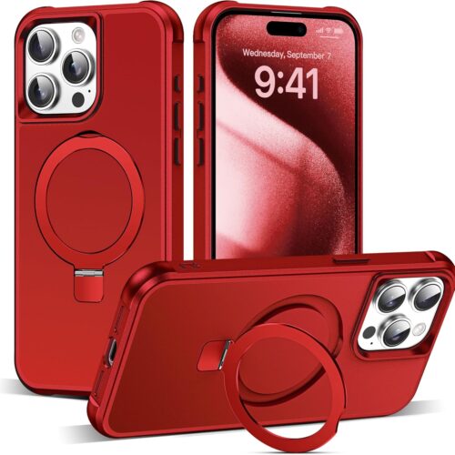 Compatible with iPhone 15 Pro Case with Invisible Magnetic O-Ring Stand Military-Grade Case for iPhone 15 Pro 6.1" [Compatible with Mag-Safe][Great Grip Feeling], Red