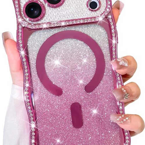Glitter Case for iPhone 17 Pro Max [Compatible with ],Cute Curly Wavy Diamond Frame,Luxury Rhinestone Camera Protection,Sparkly Slim Soft Back Cover for Women Girls,Pink
